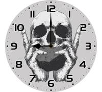 Vdenvileye Funny Gesture Skull Clock 25cm Wooden Round Halloween Wall Clock Silent Non-Tick Battery Powered for Bathroom Living Room Kitchen Office Decoration