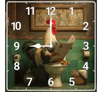 Vdenvileye Funny Wall Clock With a Rooster Reading a Newspaper On The Toilet 25cm Wooden Square Bathroom Clock Silent Battery Powered for Toilet and Bathroom Wall Decoration