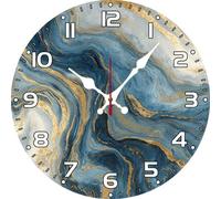 Vdenvileye Gold and Blue Marble Clock 25cm Wooden Round Modern Art Wall Clock Silent No Tick Battery Powered for Farmhouse Bathroom Bedroom Living Room Kitchen Wall Decoration