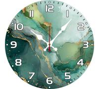 Vdenvileye Gold and Green Marble Clock 30cm Wooden Round Modern Art Wall Clock Silent No Tick Battery Powered for Farmhouse Bathroom Bedroom Living Room Kitchen Wall Decoration