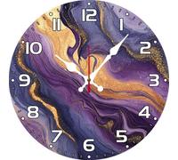 Vdenvileye Gold and Purple Marble Clock 25cm Wooden Round Modern Art Wall Clock Silent No Tick Battery Powered for Farmhouse Bathroom Bedroom Living Room Kitchen Wall Decoration