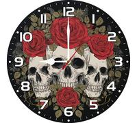 Vdenvileye Gothic Skull Clock 25cm Wooden Round Retro Clock Bathroom Decoration Silent Non-Tick Battery Powered for Living Room Kitchen Bedroom Bathroom