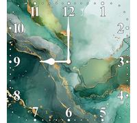 Vdenvileye Green Gold Marble Pattern Wall Clock 25cm Square Wooden Modern Minimalist Clock Silent Non-tickling Battery Powered for Farmhouse Bedroom Bathroom Living Room Kitchen Wall Decoration