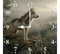 Vdenvileye Grey Wolf Wall Clock 25cm Wooden Square Modern Minimalist Clock Silent No Tick Battery Powered for Bathroom Bedroom Living Room Kitchen Wall Decoration