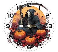 Vdenvileye Grim Reaper Clock 25cm Wooden Round Halloween Wall Clock Silent Non-Tick Battery Powered for Bathroom Living Room Kitchen Office Decoration