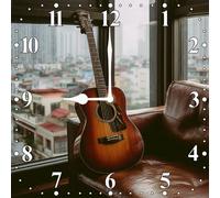 Vdenvileye Guitar Clock 25cm Wooden Square Modern Minimalist Wall Clock Silent No Tick Battery Powered for Bedroom Kitchen Bathroom Living Room or as a Gift for Music Lovers
