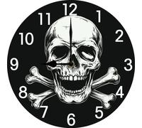 Vdenvileye Halloween Skull Wall Clock 25cm Wooden Round Clock Halloween Decoration Silent No Tick Battery Powered for Bathroom Living Room Kitchen Bedroom