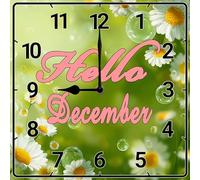 Vdenvileye Hello December Wall Clock with Daisy Background 25cm Wooden Square Modern Art Clock Silent Battery Powered for Farmhouse Bathroom Bedroom Kitchen Wall Decoration