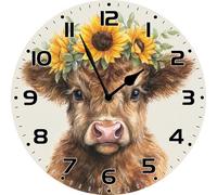 Vdenvileye Highland Cow Wall Clock 25cm Round Wooden Silent Non-Ticking Battery Operated Clocks for Home Bathroom Bedroom Living Room Kitchen