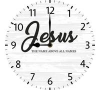 Vdenvileye Jesus Name Above All Names Quote Wall Clock, Bible Verse Wall Decor, Religious Pray Home Decoration, Christian Inspirational Saying Wood Clock Silent Non Ticking Battery Operated 25x25 CM