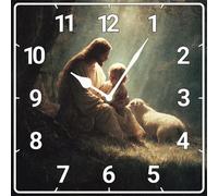 Vdenvileye Jesus Theme Wall Clock 25cm Wooden Square Christian Clock Silent Battery Powered for Bathroom Bedroom Living Room Kitchen Wall Decoration (Style 12)