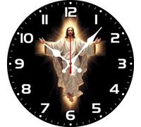 Vdenvileye Jesus Wall Clock 25cm Wooden Round Christian Clock Silent Non-Tickling Battery Powered for Living Room Kitchen Bathroom Bedroom Wall Decoration (Style 7)