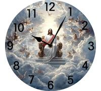 Vdenvileye Jesus Wall Clock Religious Decor 25cm Wooden Round Clock Silent Non-Tick Battery Powered for Living Room Bedroom Kitchen Farmhouse Decor Christian (Style 13)