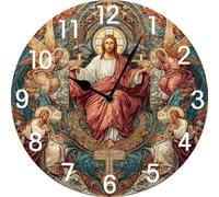 Vdenvileye Jesus Wall Clock Religious Decor 25cm Wooden Round Clock Silent Non-Tick Battery Powered for Living Room Bedroom Kitchen Farmhouse Decor Christian (Style 17)