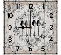 Vdenvileye Kitchen Theme Wall Clock 25cm Wooden Square Retro Knife and Fork Clock Silent Non-Ticking Battery Operated for Farmhouse Kitchen Dining Room Bathroom Wall Decor (Style 7)