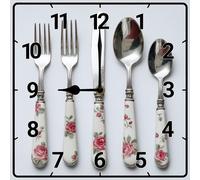 Vdenvileye Kitchen Theme Wall Clock 25cm Wooden Square Retro Knife and Fork Clock Silent Non-Ticking Battery Operated for Farmhouse Kitchen Dining Room Bathroom Wall Decor (Style 2)