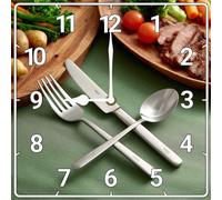 Vdenvileye Kitchen Theme Wall Clock 25cm Wooden Square Retro Knife and Fork Clock Silent Non-Ticking Battery Operated for Farmhouse Kitchen Dining Room Bathroom Wall Decor (Style 6)