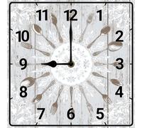 Vdenvileye Kitchen Theme Wall Clock 25cm Wooden Square Retro Knife and Fork Clock Silent Non-Ticking Battery Operated for Farmhouse Kitchen Dining Room Bathroom Wall Decor (Style 8)