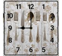 Vdenvileye Kitchen Theme Wall Clock 25cm Wooden Square Retro Knife and Fork Clock Silent Non-Ticking Battery Operated for Farmhouse Kitchen Dining Room Bathroom Wall Decor (Style 9)