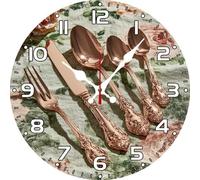 Vdenvileye Kitchen Wall Clock with Knife and Fork Pattern 25cm Wooden Round Vintage Clock Silent Battery Powered for Kitchen Dining Room Bathroom Bedroom Wall Decoration (Style 1)