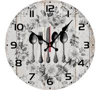 Vdenvileye Kitchen Wall Clock with Knife and Fork Pattern 25cm Wooden Round Vintage Clock Silent Battery Powered for Kitchen Dining Room Bathroom Bedroom Wall Decoration (Style 7)