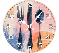 Vdenvileye Kitchen Wall Clock with Knife and Fork Pattern 30cm Wooden Round Vintage Clock Silent Battery Powered for Kitchen Dining Room Bathroom Bedroom Wall Decoration (Style 3)