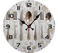 Vdenvileye Kitchen Wall Clock with Knife and Fork Pattern 30cm Wooden Round Vintage Clock Silent Battery Powered for Kitchen Dining Room Bathroom Bedroom Wall Decoration (Style 9)