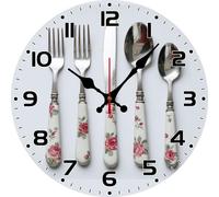 Vdenvileye Kitchen Wall Clock with Knife and Fork Pattern 30cm Wooden Round Vintage Clock Silent Battery Powered for Kitchen Dining Room Bathroom Bedroom Wall Decoration (Style 2)