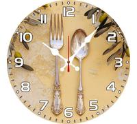 Vdenvileye Kitchen Wall Clock with Knife and Fork Pattern 30cm Wooden Round Vintage Clock Silent Battery Powered for Kitchen Dining Room Bathroom Bedroom Wall Decoration (Style 10)
