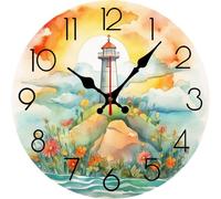 Vdenvileye Lighthouse Hill Quiet Rustic Wooden Wall Clock - 10 Inch Coastal Round Wall-Clock Battery Operated Silent Vintage Clocks for Farmhouse, Bedroom Decor