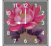 Vdenvileye Lotus Pattern Wall Clock 25cm Wooden Square Modern Minimalist Clock Silent No Tick Battery Powered for Farmhouse Bathroom Bedroom Living Room Kitchen Wall Decoration (Style 5)