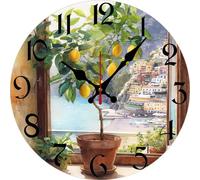 Vdenvileye Mediterranean Lemon Tree Wall Clock Italian Kitchen Decor Amalfi Coast Landscape 25x25 CM Wooden Non-Ticking Rustic Country Style Summer Home