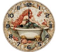 Vdenvileye Mermaid Bathtub Wall Clock 25cm Wooden Round Modern Art Clock Silent Non-Tick Battery Powered for Bathroom Living Room Kitchen Bedroom Decoration (Style 3)
