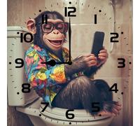 Vdenvileye Monkey On Toilet Clock 25cm Wooden Square Wall Clock Bathroom Decoration Silent No Tick Battery Powered for Bathroom Living Room Kitchen Toilet