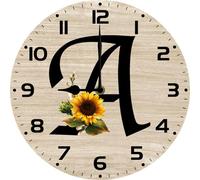 Vdenvileye Monogram Letter A Round Wood Wall Clocks Sunflower Frameless Battery Operated Silent Quartz 10 Inch Alphabet Letters Shabby Chic Clock for Living Room Office Home Kitchen Bathroom