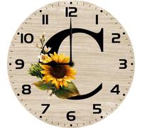 Vdenvileye Monogram Letter C Round Wood Wall Clocks Sunflower Frameless Battery Operated Silent Quartz 10 Inch Alphabet Letters Shabby Chic Clock for Living Room Office Home Kitchen Bathroom