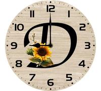 Vdenvileye Monogram Letter D Round Wood Wall Clocks Sunflower Frameless Battery Operated Silent Quartz 10 Inch Alphabet Letters Shabby Chic Clock for Living Room Office Home Kitchen Bathroom