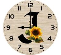 Vdenvileye Monogram Letter G Round Wood Wall Clocks Sunflower Frameless Battery Operated Silent Quartz 10 Inch Alphabet Letters Shabby Chic Clock for Living Room Office Home Kitchen Bathroom