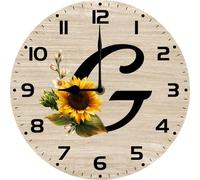 Vdenvileye Monogram Letter G Round Wood Wall Clocks Sunflower Frameless Battery Operated Silent Quartz 10 Inch Alphabet Letters Shabby Chic Clock for Living Room Office Home Kitchen Bathroom