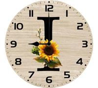 Vdenvileye Monogram Letter I Round Wood Wall Clocks Sunflower Frameless Battery Operated Silent Quartz 10 Inch Alphabet Letters Shabby Chic Clock for Living Room Office Home Kitchen Bathroom
