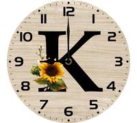Vdenvileye Monogram Letter K Round Wood Wall Clocks Sunflower Frameless Battery Operated Silent Quartz 10 Inch Alphabet Letters Shabby Chic Clock for Living Room Office Home Kitchen Bathroom