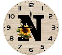 Vdenvileye Monogram Letter N Round Wood Wall Clocks Sunflower Frameless Battery Operated Silent Quartz 10 Inch Alphabet Letters Shabby Chic Clock for Living Room Office Home Kitchen Bathroom