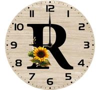 Vdenvileye Monogram Letter R Round Wood Wall Clocks Sunflower Frameless Battery Operated Silent Quartz 10 Inch Alphabet Letters Shabby Chic Clock for Living Room Office Home Kitchen Bathroom