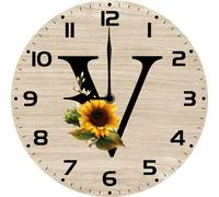 Vdenvileye Monogram Letter V Round Wood Wall Clocks Sunflower Frameless Battery Operated Silent Quartz 10 Inch Alphabet Letters Shabby Chic Clock for Living Room Office Home Kitchen Bathroom