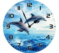 Vdenvileye Ocean Dolphin Wall Clock 25cm Round Wooden Battery Operated Silent Non-Ticking Clocks for Farmhouse Office Home Living Room Bedroom