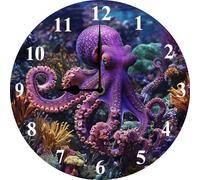 Vdenvileye Octopus Clock Wooden Round Living Room Wall Clock Silent No Tick Battery Powered for Kitchen Bathroom Living Room 25cm
