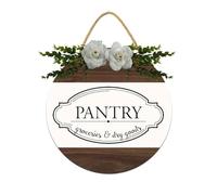 Vdenvileye Pantry Groceries And Dry Goods Door Sign Home Decor Round Wood Wreaths Wall Hanging Sign Farmhouse Porch Signs Front Door Decoration for Housewarming Gift All Seasons Holiday,12In