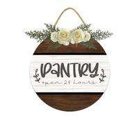Vdenvileye Pantry Open 24 Hours Door Sign Home Decor Round Wood Wreaths Wall Hanging Sign Farmhouse Porch Signs Front Door Decoration for Housewarming Gift All Seasons Holiday,12In