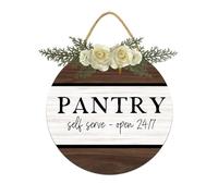 Vdenvileye Pantry Self Serve Open 24/7 Door Sign Home Decor Round Wood Wreaths Wall Hanging Sign Farmhouse Porch Signs Front Door Decoration for Housewarming Gift All Seasons Holiday,12In