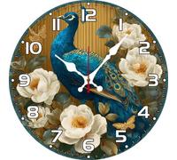 Vdenvileye Peacock Wall Clock 25cm Wooden Round Modern Art Clock Silent Battery Powered for Bathroom Bedroom Kitchen Living Room Office Decoration
